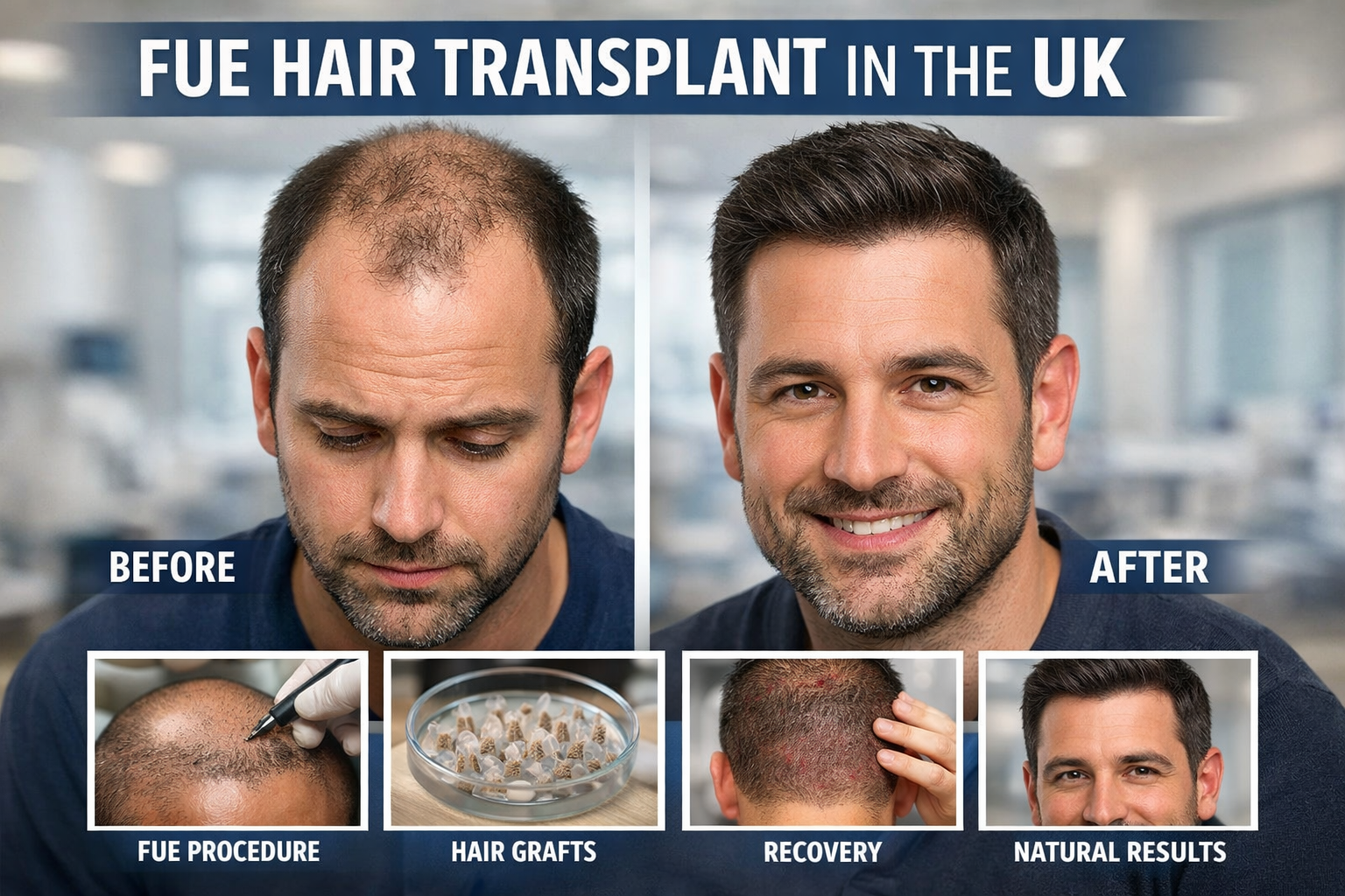 Photorealistic before and after FUE hair transplant result in a UK clinic showing natural hairline restoration, graft extraction process and post-procedure recovery stages.