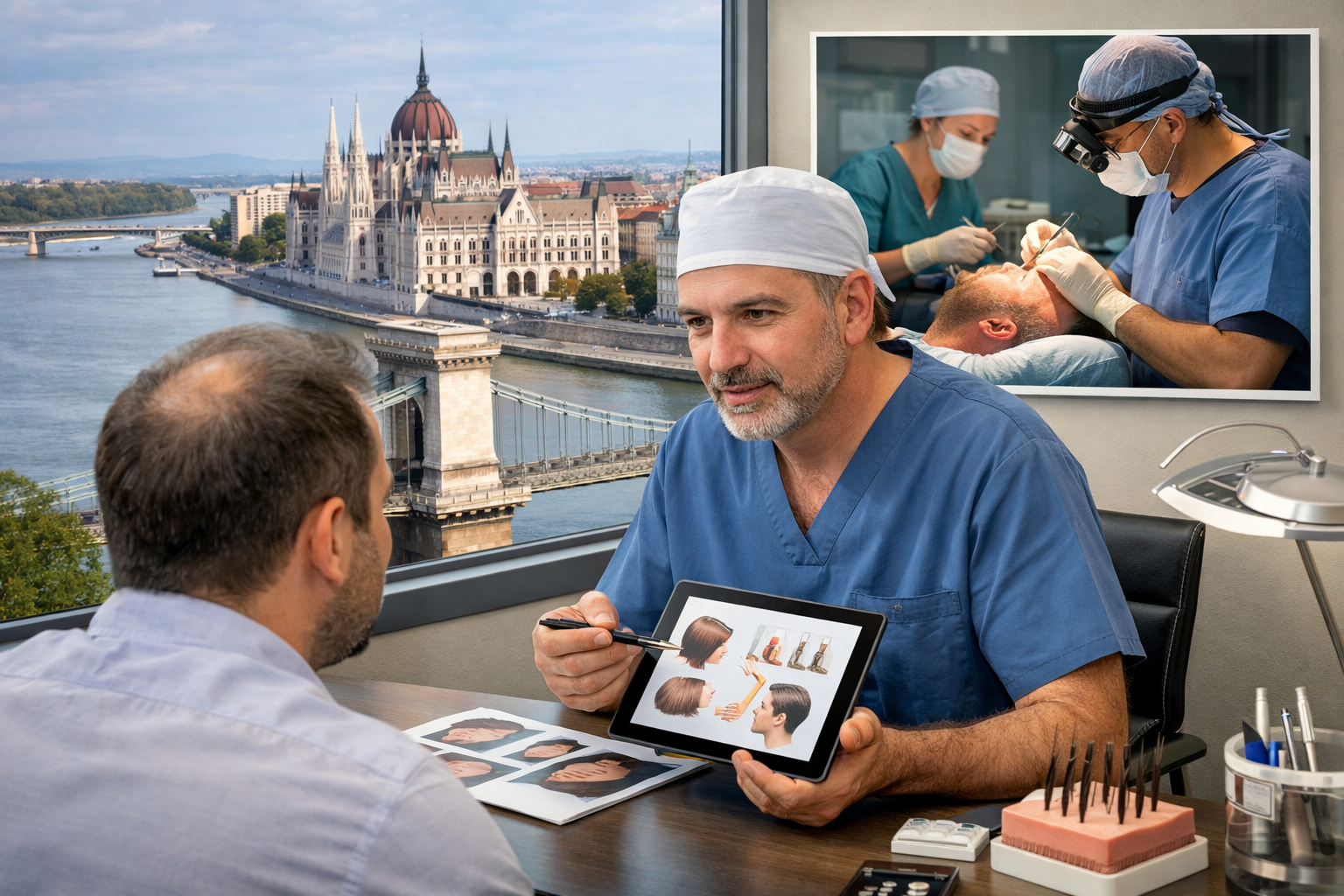 Hair transplant consultation in Budapest clinic with surgeon explaining FUE hair restoration procedure to patient, Hungarian Parliament visible in background.