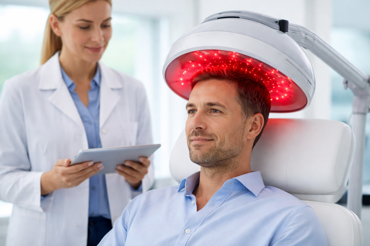 Man receiving low-level laser therapy for hair loss in a modern UK clinic, seated under a red light laser device during professional scalp treatment.