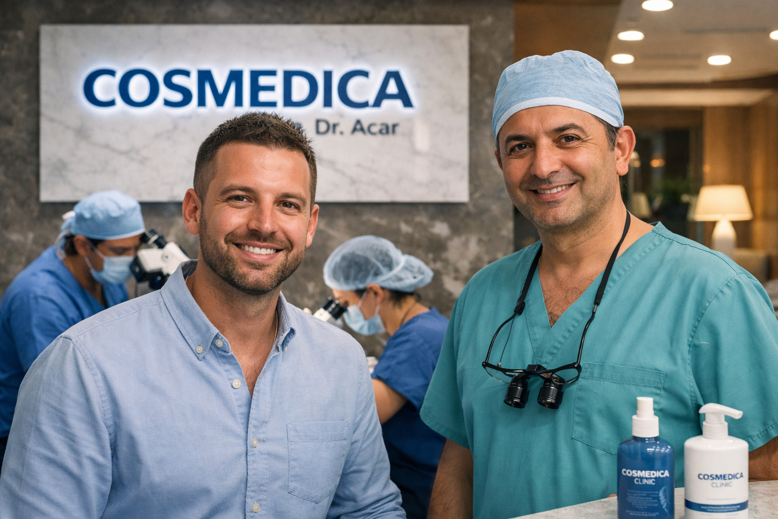 Cosmedica Hair Clinic Istanbul with patient and doctor during hair transplant procedure in modern Turkish clinic