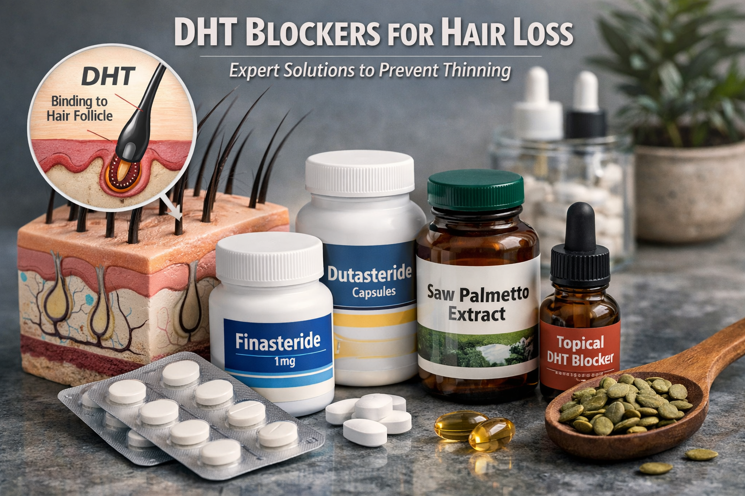 Photorealistic image of DHT blockers for hair loss, including finasteride and dutasteride tablets, topical serum, and natural supplements like saw palmetto and pumpkin seeds, alongside a scalp model showing DHT binding to hair follicles.
