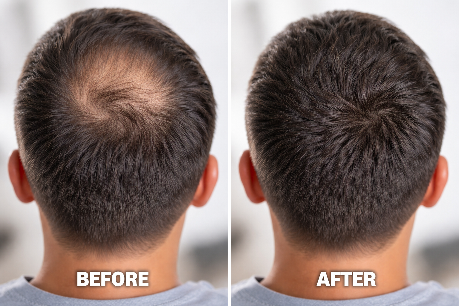 Before and after hair crown transplant showing restored hair density and natural swirl pattern in the vertex area after FUE hair restoration procedure.