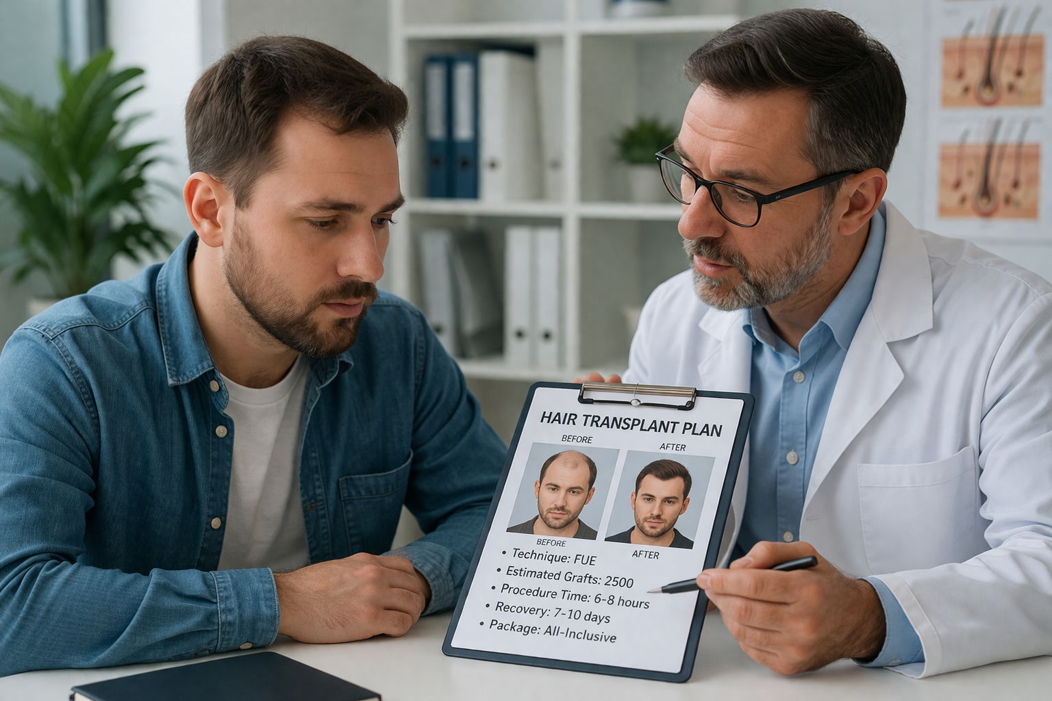 Doctor explaining an all-inclusive hair transplant package to a male patient during a consultation, showing before and after results on a treatment plan in a modern clinic setting