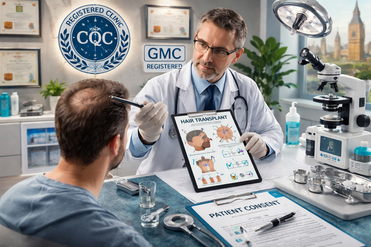 Hair transplant consultation in a UK regulated clinic with doctor explaining procedure, CQC and GMC compliance, and patient safety standards