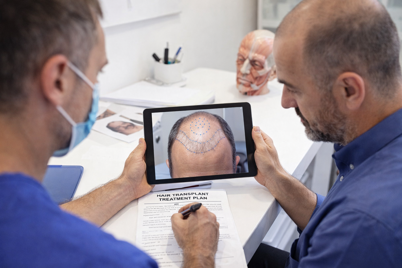 Hair transplant consultation showing doctor explaining personalised treatment plan on tablet to male patient with thinning hair in modern clinic