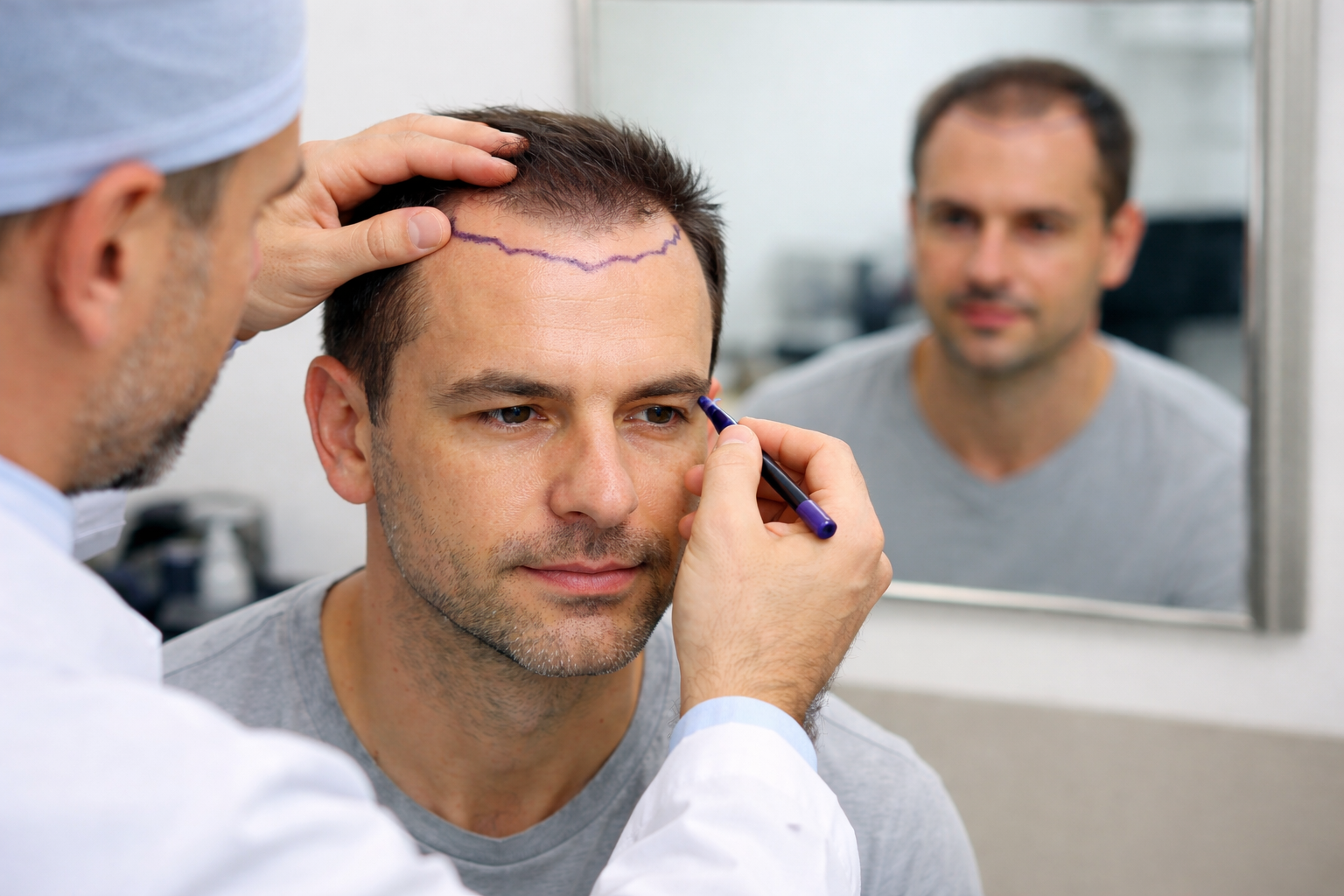 Hair transplant specialist designing a natural hairline with marker during hair restoration consultation