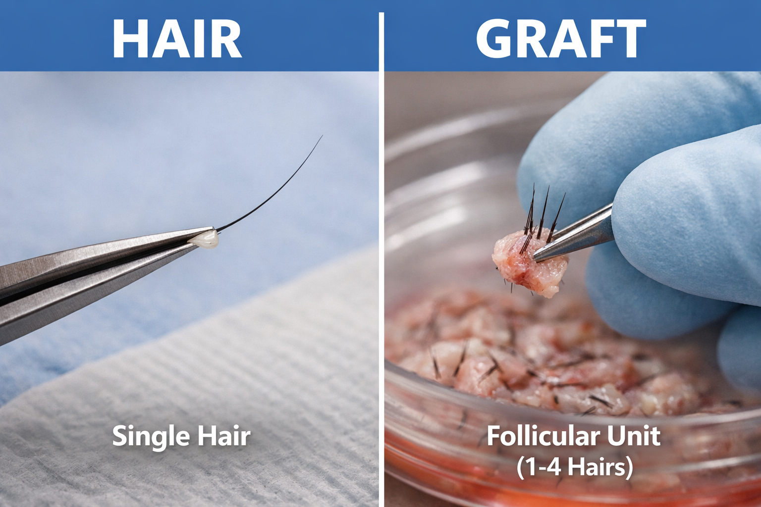 Hair vs graft in hair transplantation comparison showing a single hair follicle and a follicular unit graft containing multiple hairs during a hair transplant procedure.