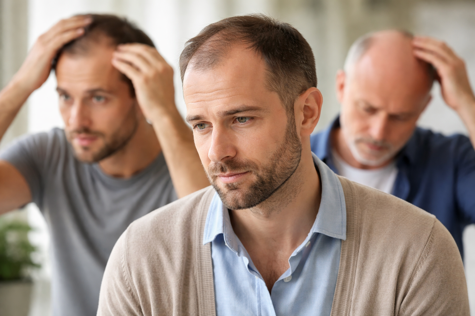 Three men showing different stages of male pattern baldness, with visible receding hairlines and thinning hair while examining their scalp.