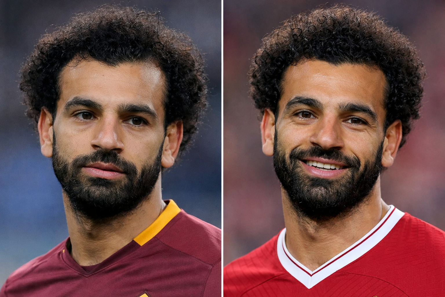 Photorealistic before and after comparison of Mohamed Salah showing hair transplant results with improved hairline density and fuller curls