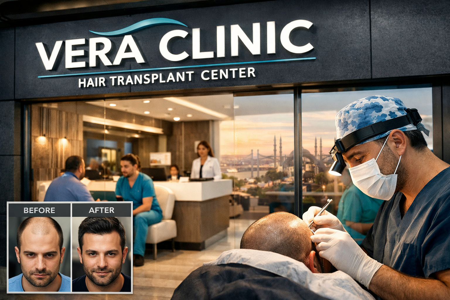 Vera Clinic Istanbul hair transplant procedure with surgeon performing FUE treatment, modern clinic interior and before-and-after patient results displayed