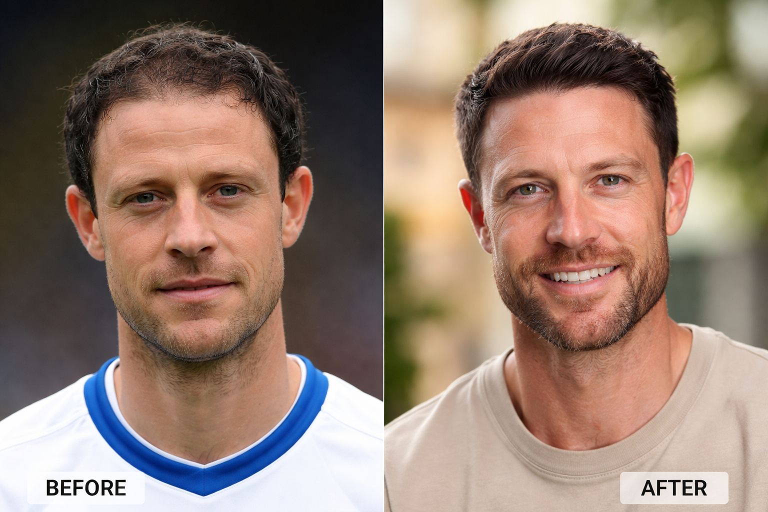Wayne Bridge hair transplant before and after comparison showing receding hairline and thinning hair before treatment and fuller natural hairline after transplant results.