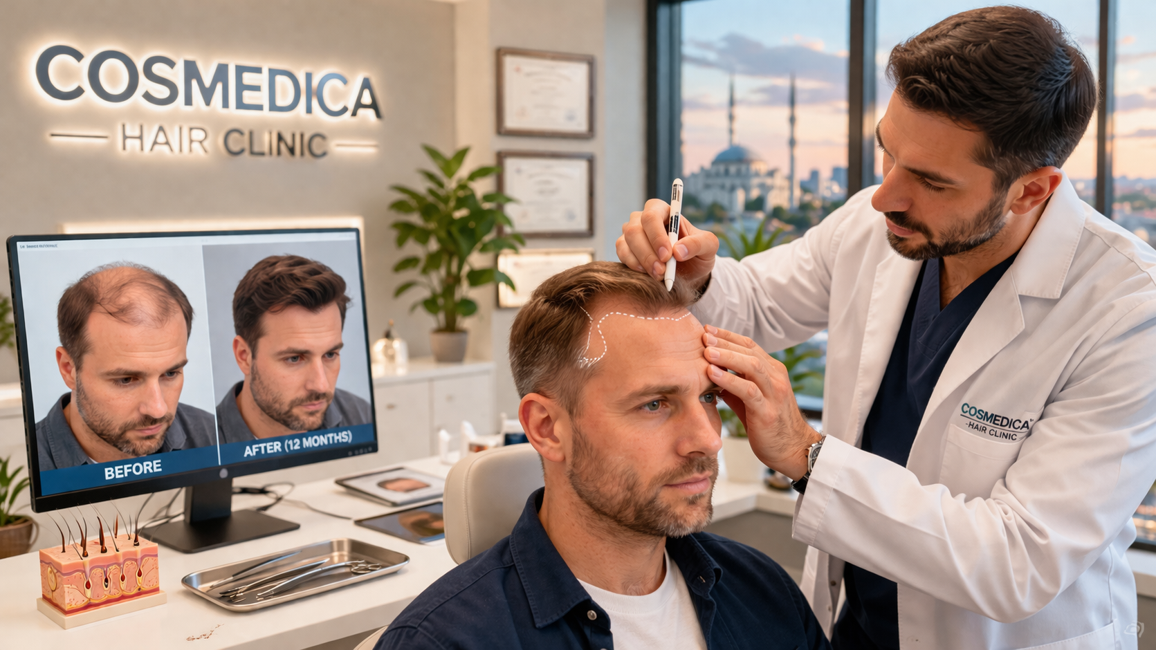 Cosmedica Hair Clinic reception in Turkey with modern interior and staff assisting patients