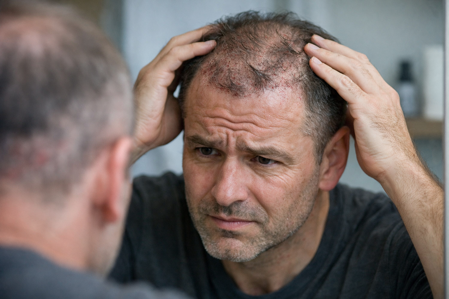 Man examining failed hair transplant with patchy hair growth and visible scalp scarring in mirror