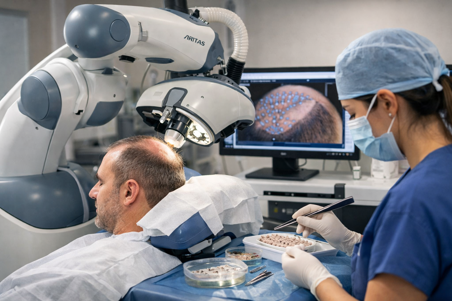 Robotic hair transplant procedure in a modern clinic, showing AI-assisted follicle extraction with surgeon preparing grafts for natural hair restoration