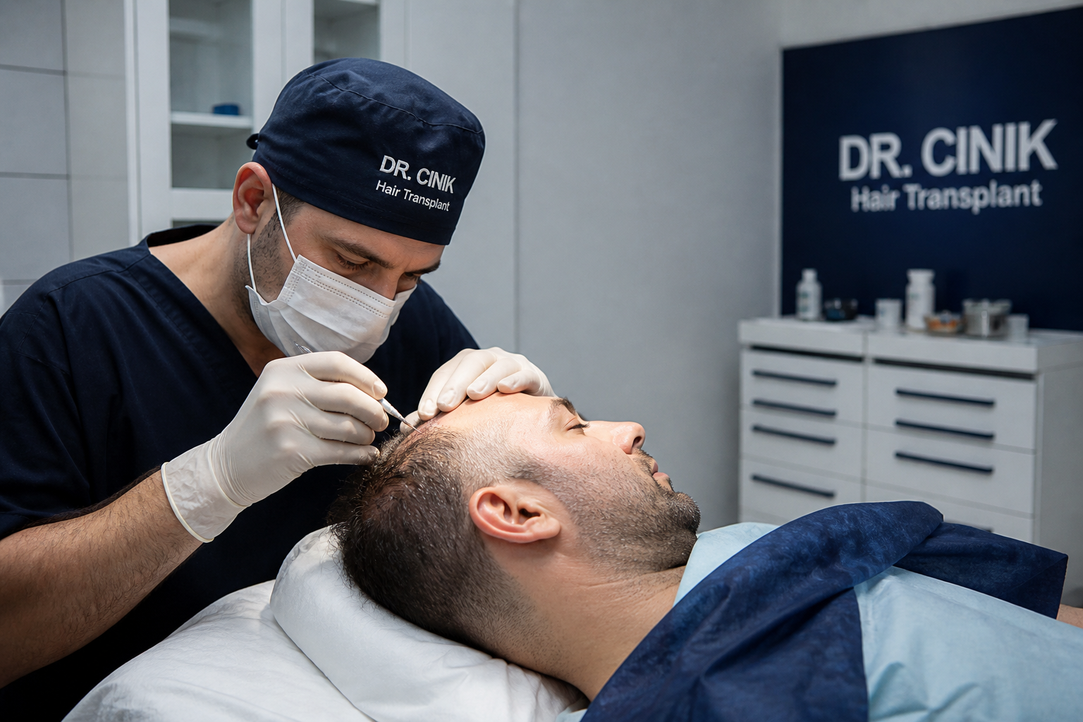 Photorealistic FUT hair transplant procedure in a modern UK clinic, surgeon performing follicular unit transplantation on male patient in sterile operating room